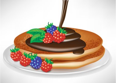 two pancakes with berry and chocolate cream pouring clipart