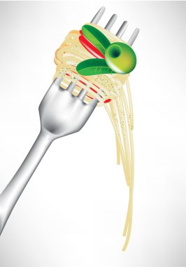 fresh spaghetti on fork with olive isolated clipart