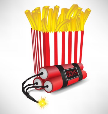 junk food: french fries in cardboard with exploding bomb clipart