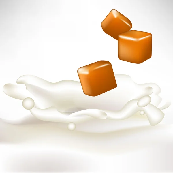Caramel cubes dropped in milk splash — Stock Vector