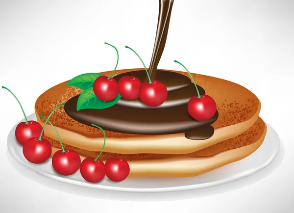 Two pancakes with chocolate poring and cherries — Stock Vector