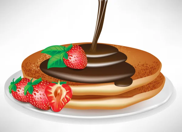 Two pancakes with strawberry and chocolate cream pouring — Stock Vector