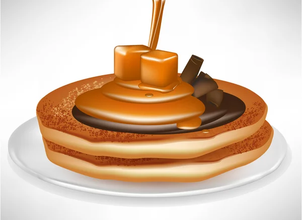 Zwei Pfannkuchen mit Karamell und Schokoladencreme — Stockvektor