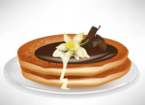 Deux crêpes sur assiette à la vanille et crème au chocolat — Image vectorielle