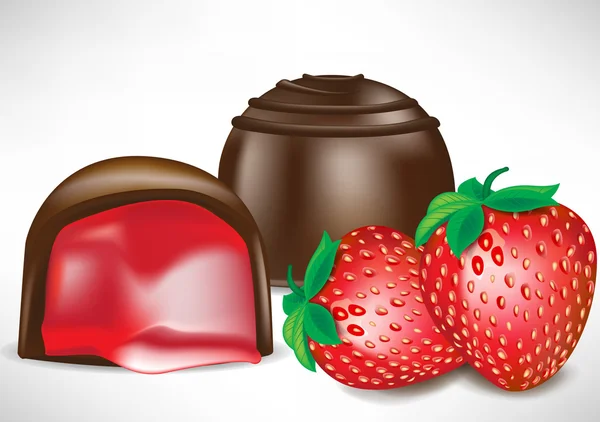 Dos piezas de caramelo cocolate con relleno de fresa — Vector de stock