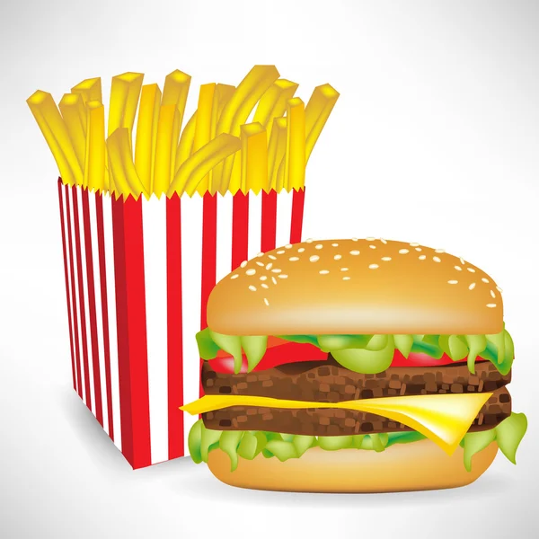 Fast food batatas fritas porção e hambúrguer — Vetor de Stock