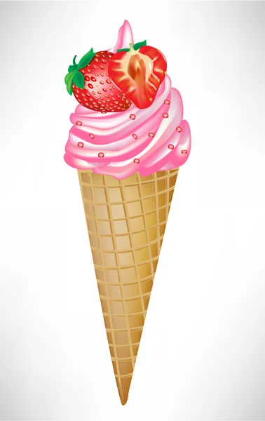 Cone com sorvete de morango redemoinho — Vetor de Stock