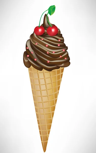 Конус с шоколадным мороженым и вишней — стоковый вектор