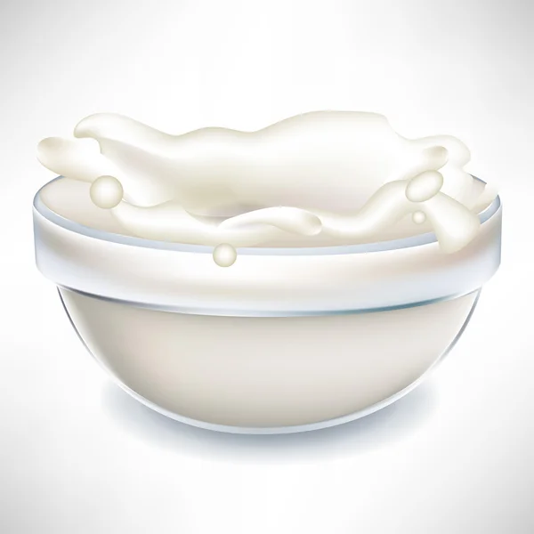 Splashing creamy milk in transparent bowl — Stock Vector