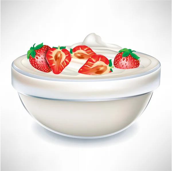 Joghurtcreme in durchsichtiger Schüssel mit Erdbeere — Stockvektor