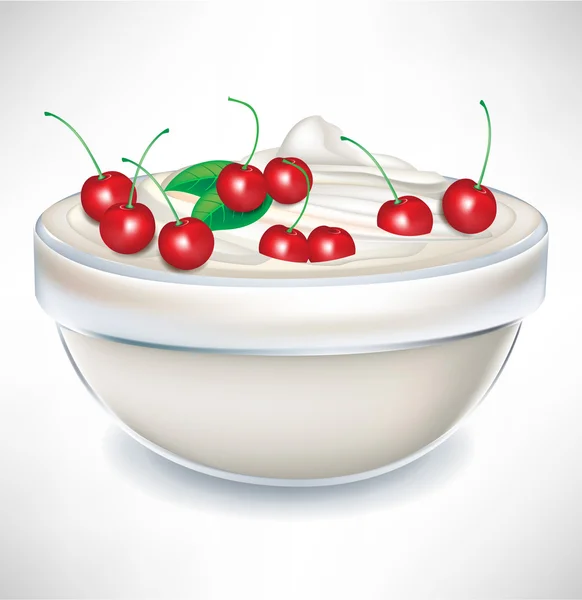 Yoghurt grädde i transparent skål med körsbär — Stock vektor