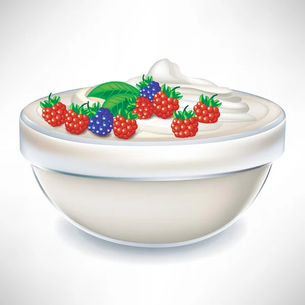 Yogurt cream in transparent bowl with berry — Stock Vector
