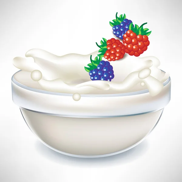 Berry splashing in transparent milk bowl — Stock Vector