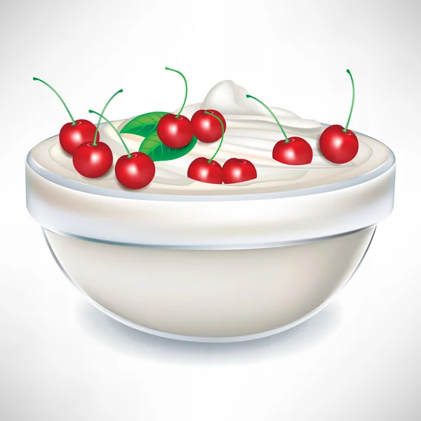 Куча вишни на сливочном йогурте в миске — стоковый вектор