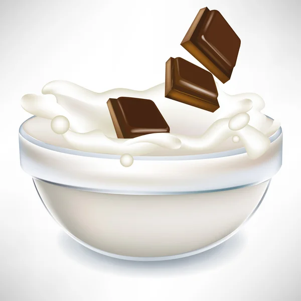 Salpicaduras de chocolate en la leche - tazón de crema aislado — Vector de stock