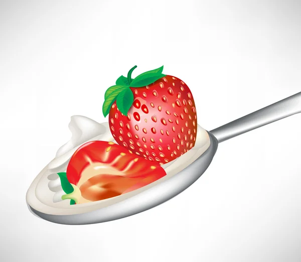 Strawberry and cream in spoon isolated — Stock Vector
