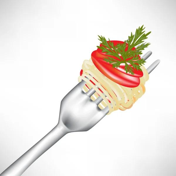 Φρέσκα σπαγγέτι στο πιρούνι με σάλτσα ντομάτας — Διανυσματικό Αρχείο