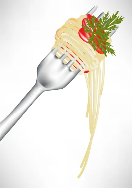 Свіжа спагетті на виделці з томатним соусом — стоковий вектор