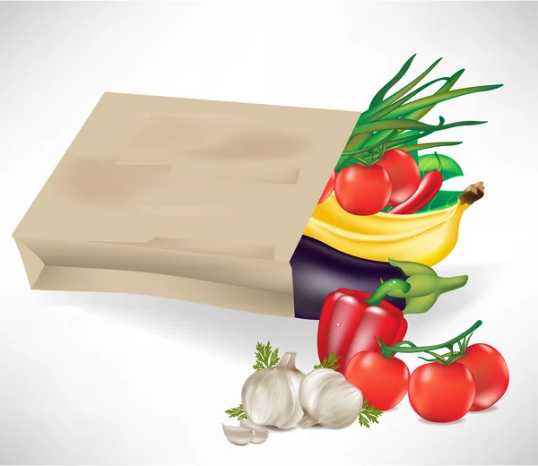 Élelmiszerbolt táska, zöldségek és gyümölcsök — Stock Vector