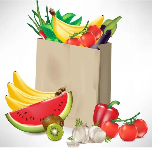 Élelmiszerbolt táska, sok gyümölcs és zöldség — Stock Vector