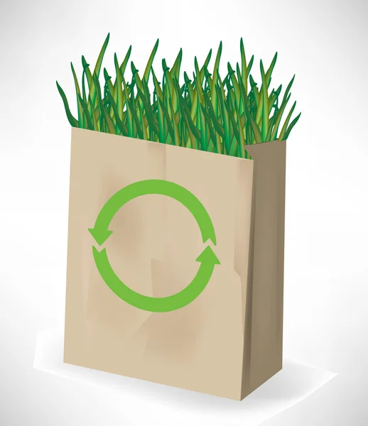 Bio-Papiertüte mit Gras und Recyclingschild — Stockvektor