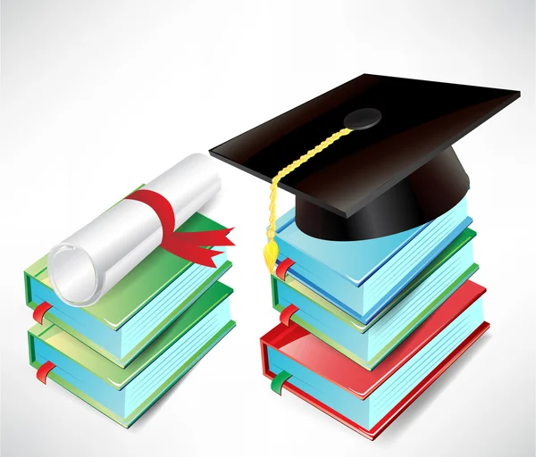 Casquette de fin d'études, diplôme et livres — Image vectorielle