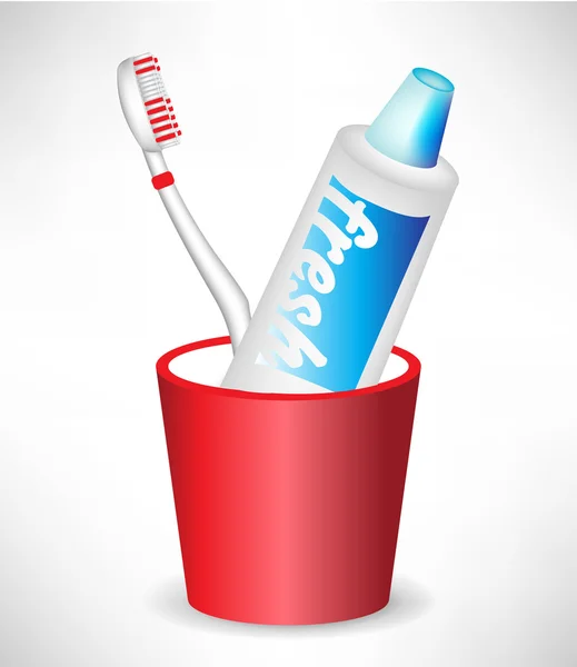 Cepillo de dientes y pasta de dientes en recipiente — Vector de stock