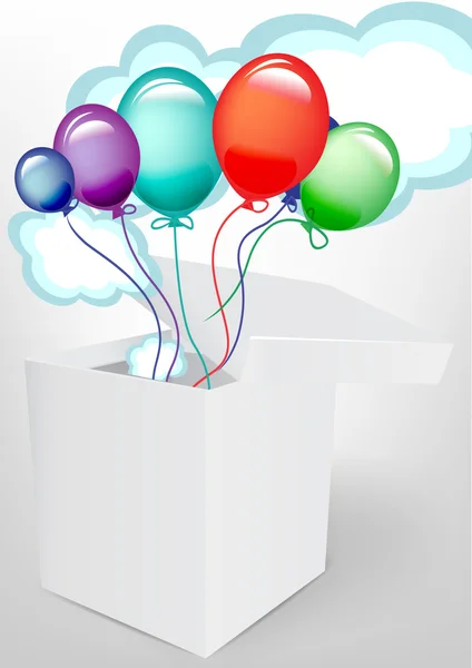 Balões e nuvens fofas em uma caixa branca —  Vetores de Stock
