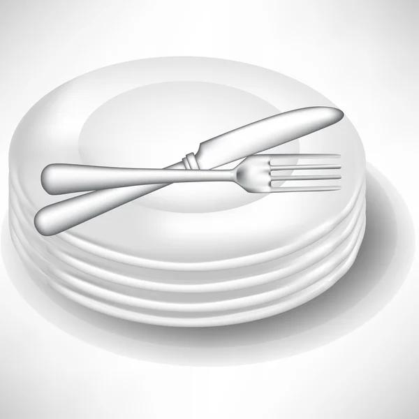 Кучка белых фарфоровых тарелок с вилкой и ножом — стоковый вектор