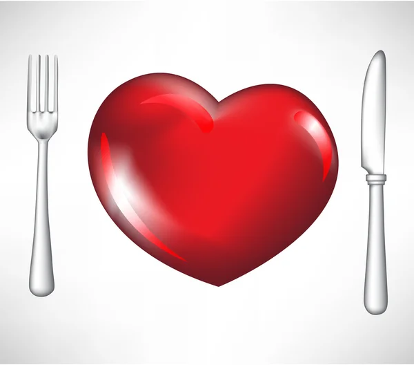 Fourchette et couteau avec coeur rouge — Image vectorielle