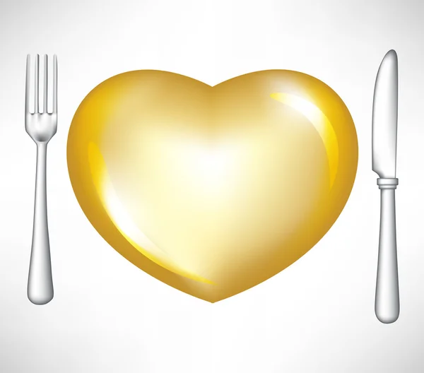 Fork and knife with golden heart — Stock Vector
