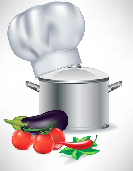 Verduras y olla con sombrero de cocinero — Vector de stock