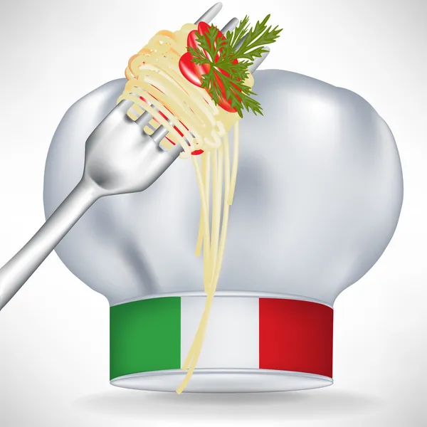 Włoski kucharz kapelusz z makaronem w widelec — Wektor stockowy
