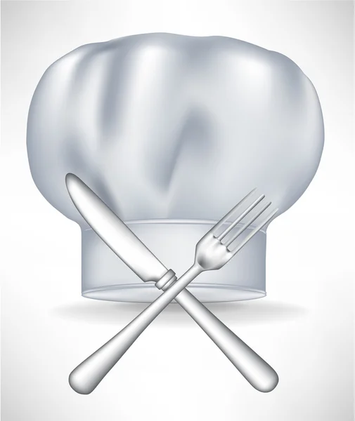 Chef-kok hoed met gekruiste mes en vork — Stockvector