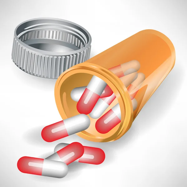 Spilld piller i plastflaska med cap isolerade — Stock vektor