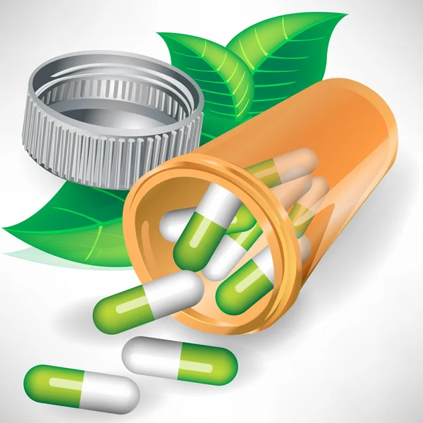 Pílulas de medicação natural em garrafa com folhas — Vetor de Stock