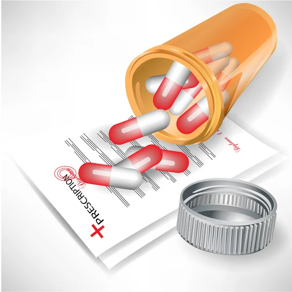 Rozlité pilulky v plastové lahvičce s víčkem na lékařský předpis — Stockový vektor