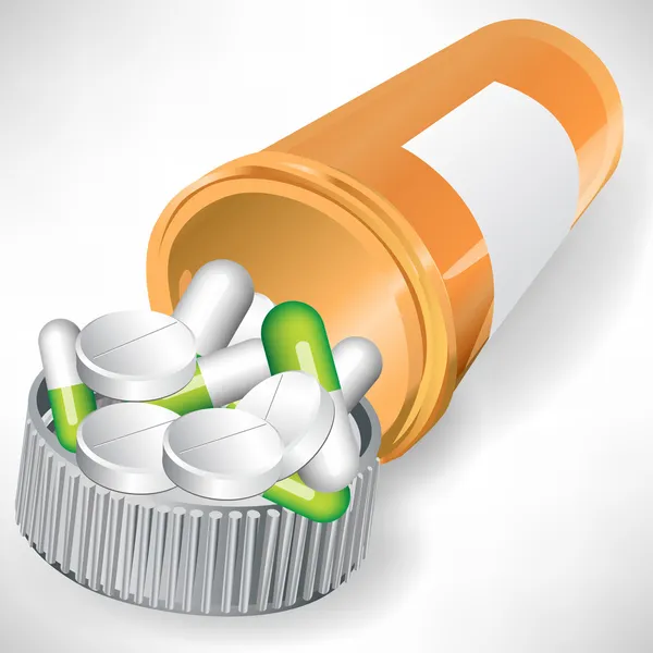 Garrafa pílula vazia com diferentes pílulas na tampa — Vetor de Stock