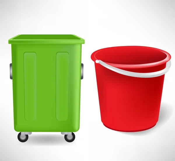 Recipiente de lixo verde e balde vermelho isolado — Vetor de Stock