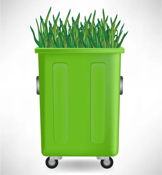 Grüner Plastikmüllbehälter mit wachsendem Gras — Stockvektor