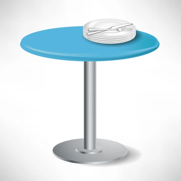 Mesa redonda azul simples com placas de porcelana e garfo e faca — Vetor de Stock