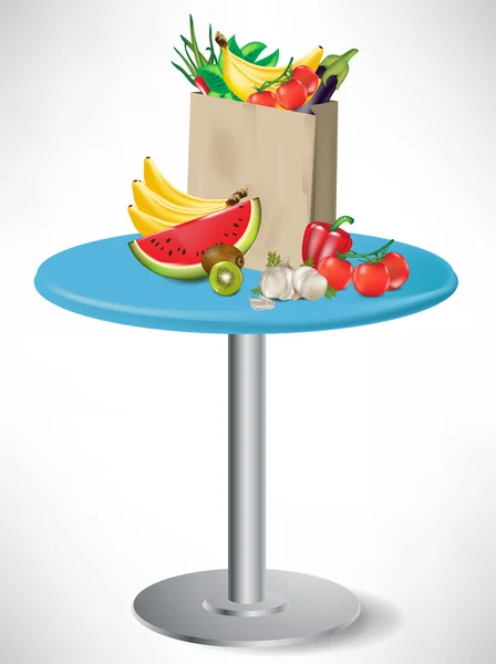 Früchte im Lebensmittelbeutel auf einfachem runden Tisch isoliert — Stockvektor