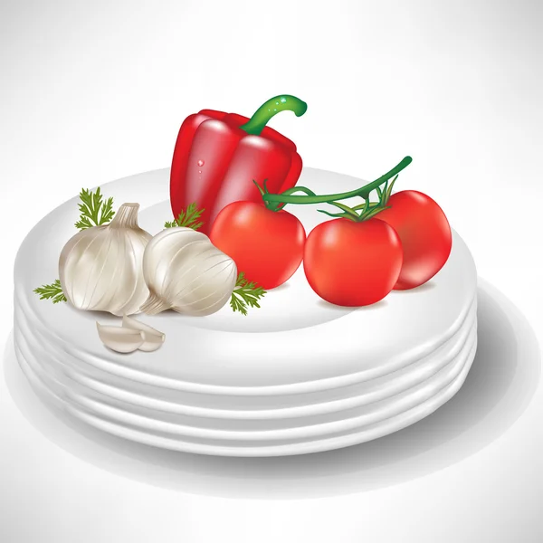 Фарфоровые тарелки с перцем, чесноком и помидорами — стоковый вектор