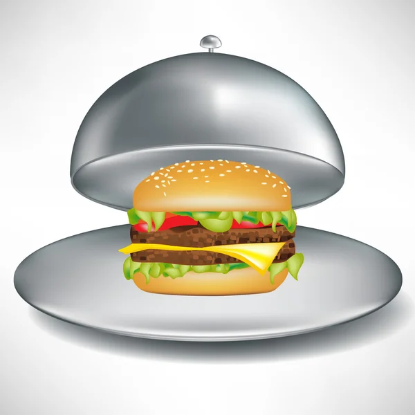 Bandeja de catering abierta inoxidable con deliciosa hamburguesa de queso — Archivo Imágenes Vectoriales