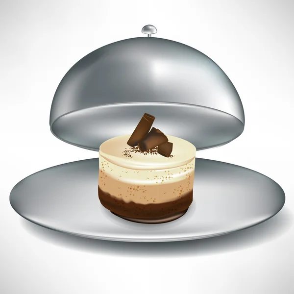 Plateau de restauration ouvert avec délicieux gâteau au chocolat — Image vectorielle