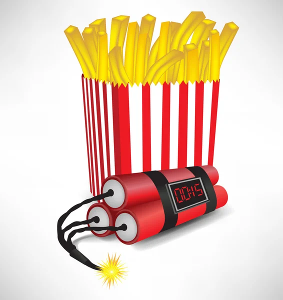Junk food: french fries in cardboard with exploding bomb — Stock Vector