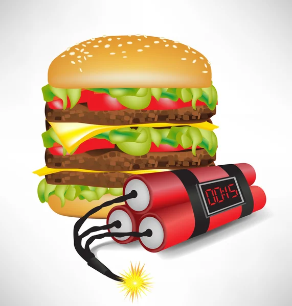 Junk food: big burger with exploding bomb — Stock Vector