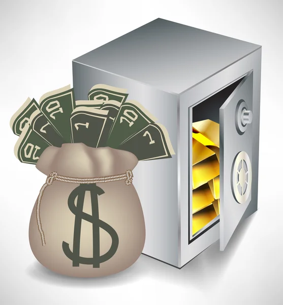 Zak met geld en veilig met goud — Stockvector