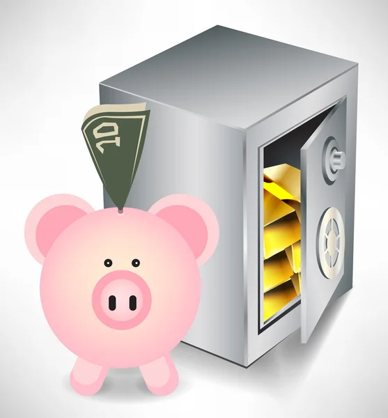 Banco de porco com dinheiro e seguro com ouro — Vetor de Stock