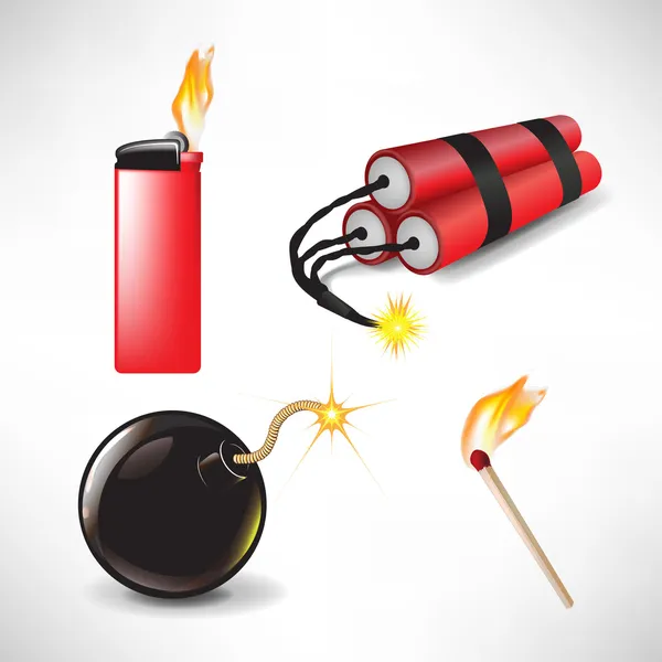 Запалювальні значки: бомба запальничка з полум'ям, сірник і динаміт — стоковий вектор